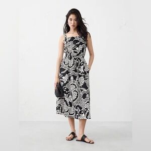 Banana Republic POPLIN ELASTIC-GATHER MIDI DRESS Black Abstract Floral